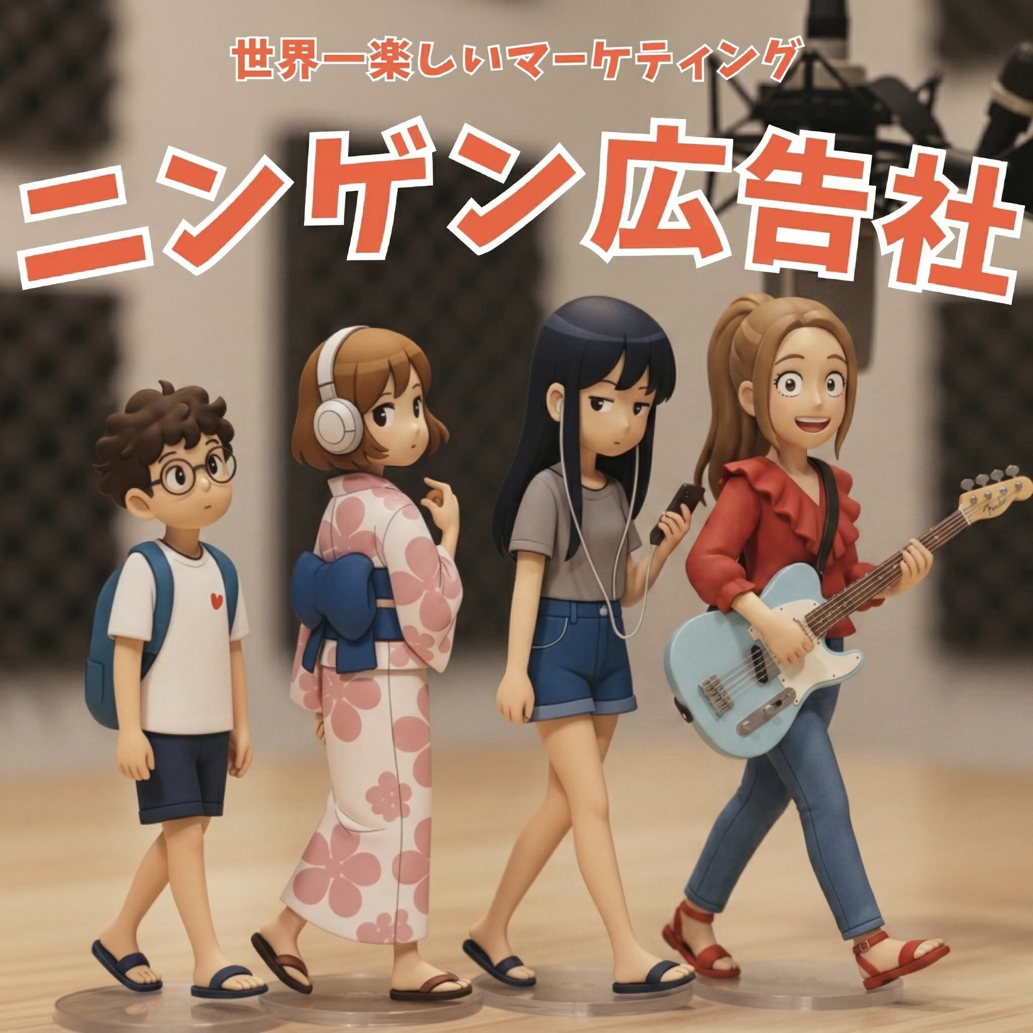 ニンゲン広告社のポッドキャストアイコン。4人のキャラクターが歩いている。
